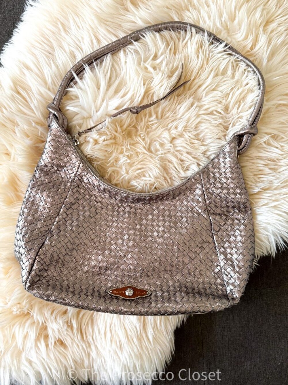 Like New 100% Leather Elliott Lucca Woven Leather Shoulder Hobo Bag Silver